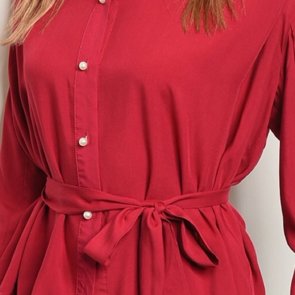 Burgundy Pearl Button Up Tie Waist Top - Picture 2 of 8